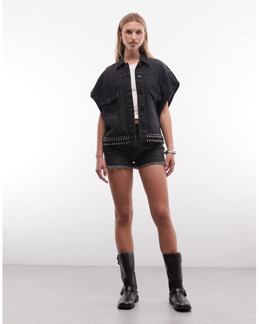 AllSaints Blue Alba Short Sleeve Stud Detail Denim Shirt