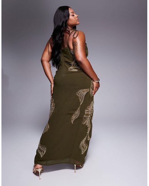 ASOS Brown Asos Design Curve Draped Skirt Overlay Maxi Dress With Dropped Waist And Embellishment
