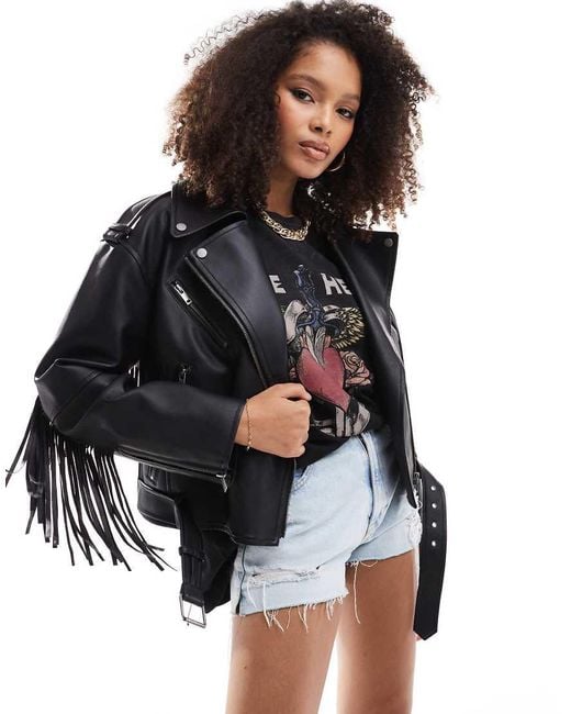 Stradivarius Black Faux Leather Tassle Detail Biker Jacket