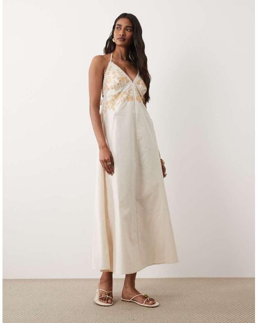 Miss Selfridge Brown Embroidered Halter Maxi Dress