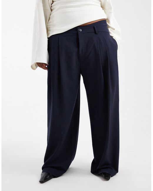 ASOS Blue Curve Tailored Low Rise Wide Leg Trousers With Asymmetric Waistband