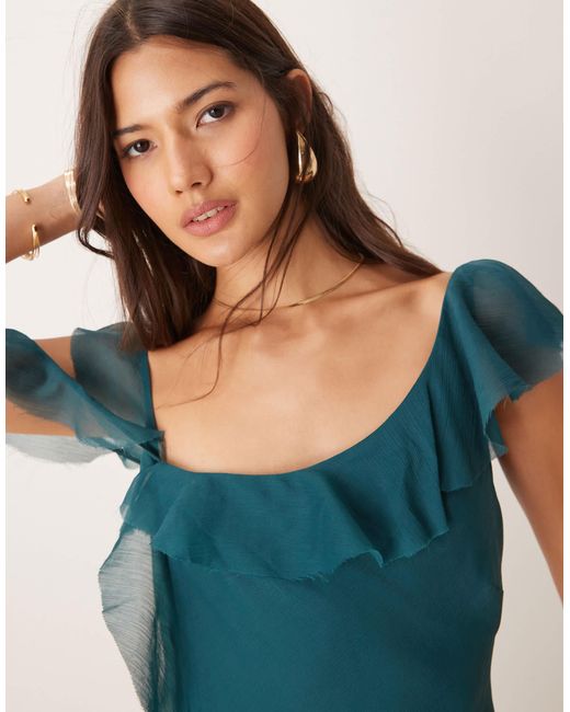 ASOS Blue Asymmetric Shoulder Bias Cut Maxi Dress With Ruffle Details