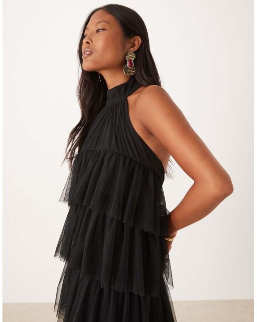 LACE & BEADS Maxi Jurk Van Tule Met Open Achterkant En Stroken in het Black