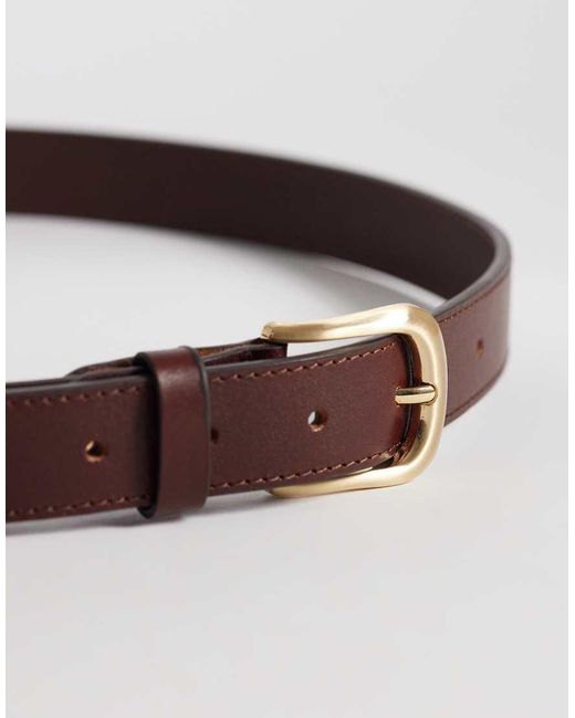 ASOS Brown Smart Leather Single Stud Belt With Rounded Edge Gold Buckle for men