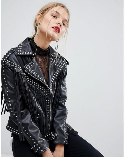 Mango Black Stud And Fringe Faux Leather Jacket