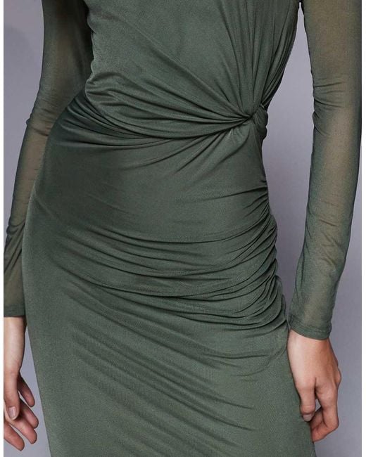 ASOS Green Mesh Long Sleeve Twist Bust Detail Halter Maxi Dress