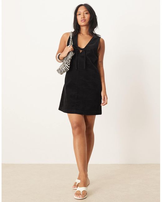 Nobody's Child Petite Black Nila Tie-Detail Cord Pinafore Mini Dress