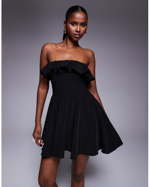 Missy Empire Black Shirred Ruffle Trim Bandeau Mini Dress