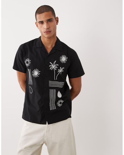 Threadbare Black 100% Cotton Short Sleeve Shirt With Flower Embroidery Detail for men