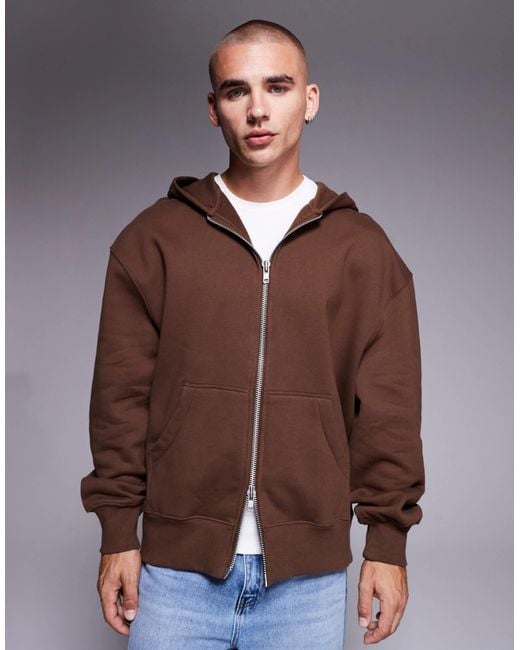 ASOS Brown Premium Heavyweight Oversized Zip Through Hoodie for men