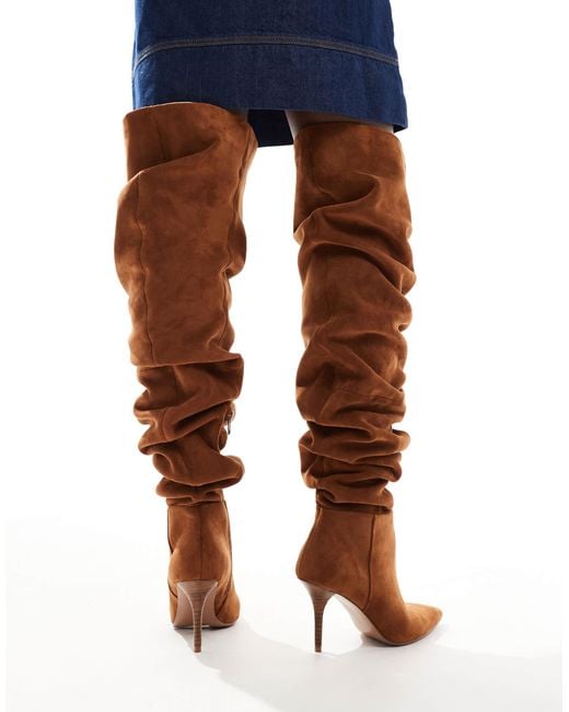 ASOS Brown Knock Ruched Heeled Over The Knee Boots