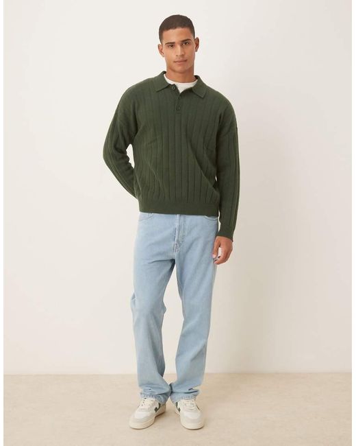 ASOS Green Oversized Knitted Lambswool Rib Polo for men