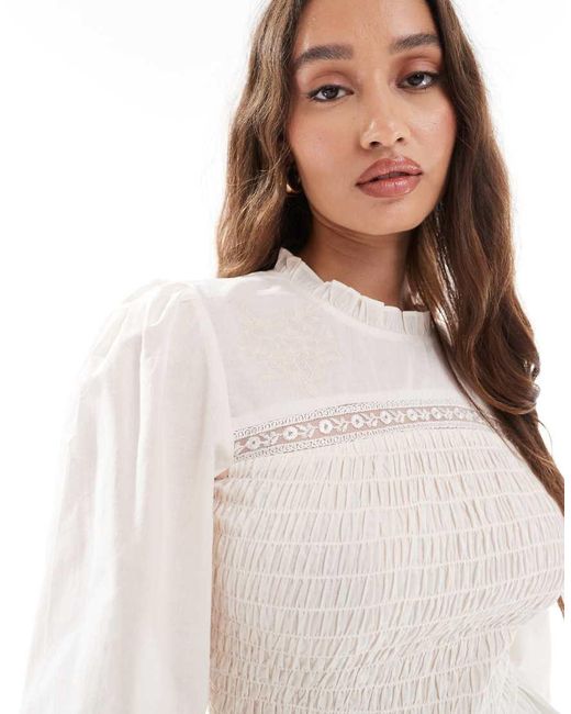 ASOS White Shirred And Lace Insert Detail Long Sleeve Top