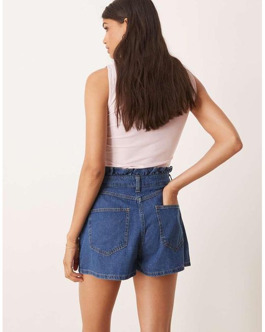 ASOS Blue High Rise Pleated Denim Short With Paperbag Waist