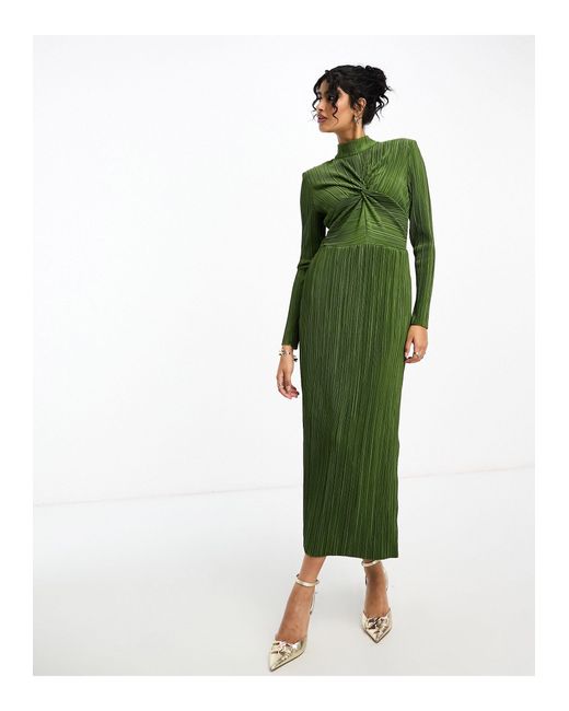 Y.A.S Green High Neck Plisse Midi Dress