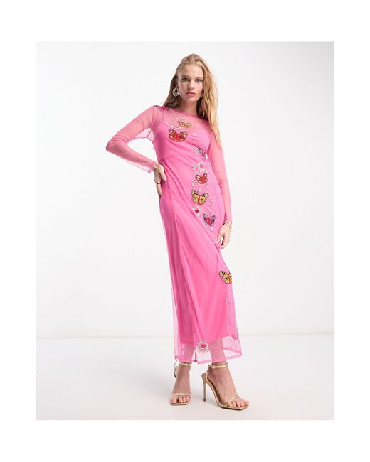 Never Fully Dressed Pink Long Sleeve Embellished Maxi Dress