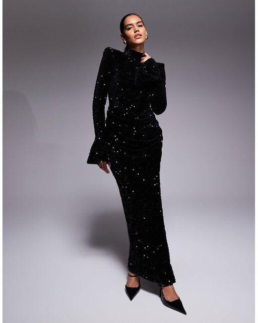 ASOS Black Velvet Sequin Maxi Dress With Drape Waist