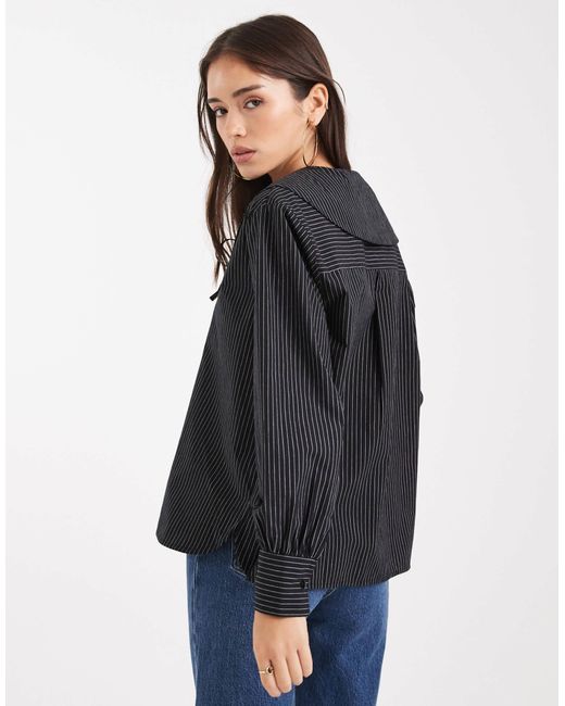 Wednesday's Girl Black Collar Detail Pinstripe Oversized Blouse