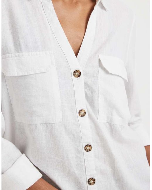 Vero Moda White Utility Style Pocketed Front Linen Blend Shirt