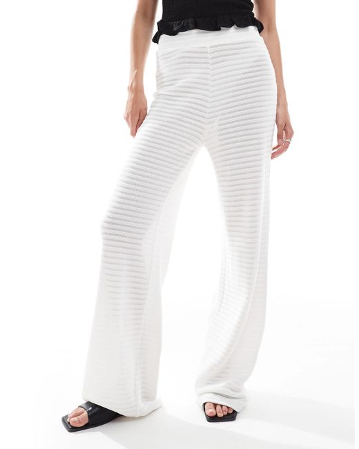 Pieces White Mix And Match Self Stripe Knitted Wide Leg Trouser