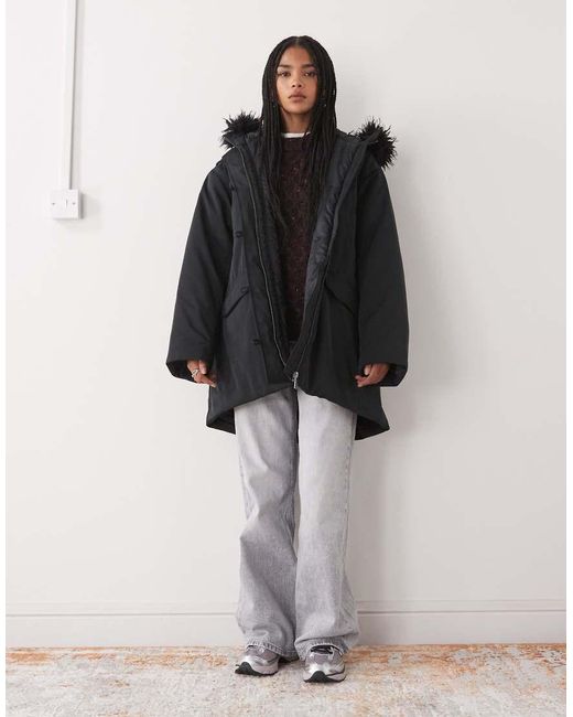 Weekday Black Oversized Parka Coat With Detachable Faux Fur Detail