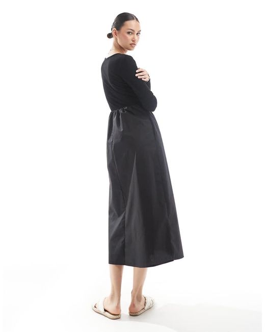Threadbare Midi Jurk Van Jersey En Popeline Met Lange Mouwen in het Black