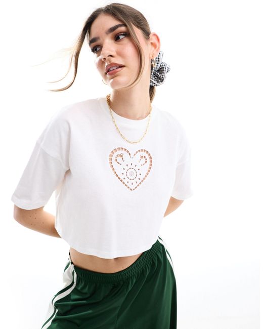 Miss Selfridge White Short Sleeve Cropped T-shirt With Heart Broderie Detail