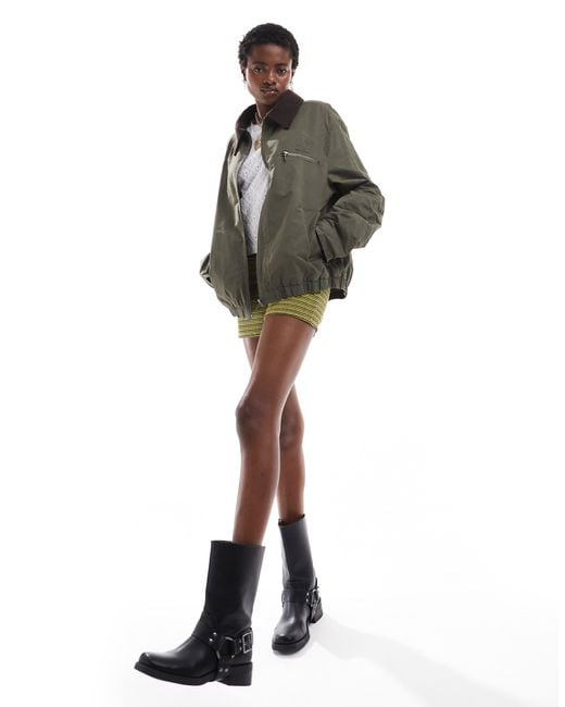 Collusion Green Waxed Jacket With Cord Collar