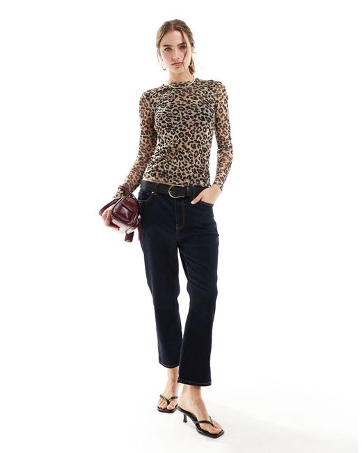 Mango White Long Sleeve Mesh Leopard Top