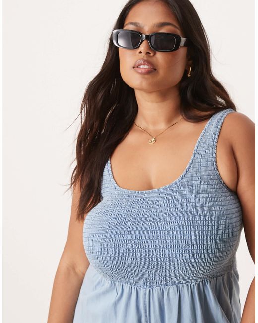 ASOS Blue Asos Design Curve Soft Denim Wide Leg Jumpsuit With Shirred Body