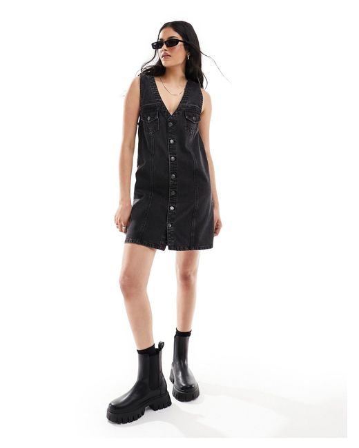 ASOS Black Denim Waistcoat Mini Dress With Button Through