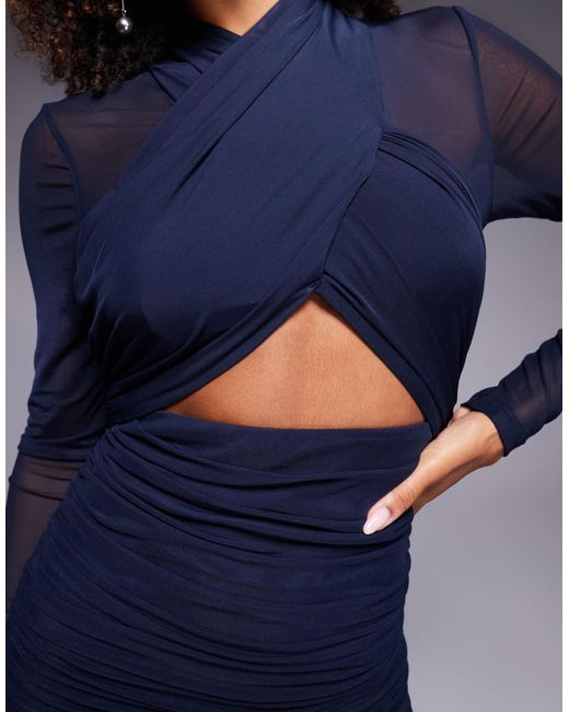 Bardot Blue Mesh Midi Dress With Wrap Front