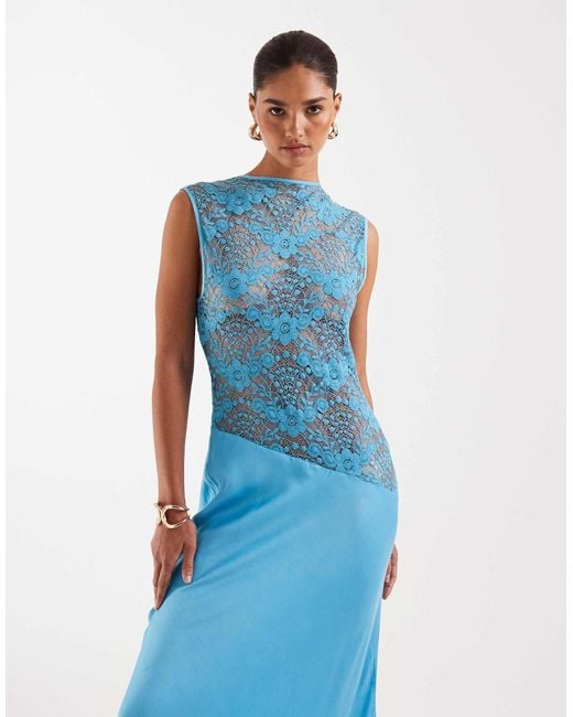 topshop blue lace dress TOPSHOP One Sleeve Crinkled Maxi Dress With Lace Inserts in Blue