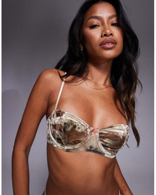 ASOS Brown Misty Velvet Abstract Floral Straight Neck Underwire Balcony Bra