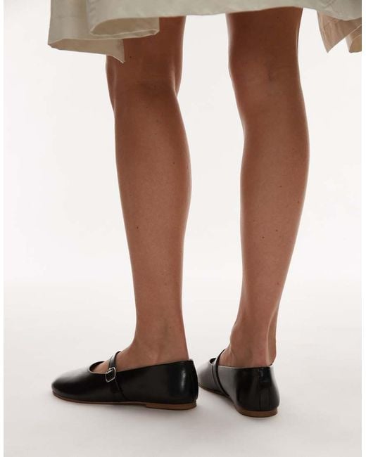 TOPSHOP Black Ash Real Leather Ruched Ballet Flat Shoes With Buckle