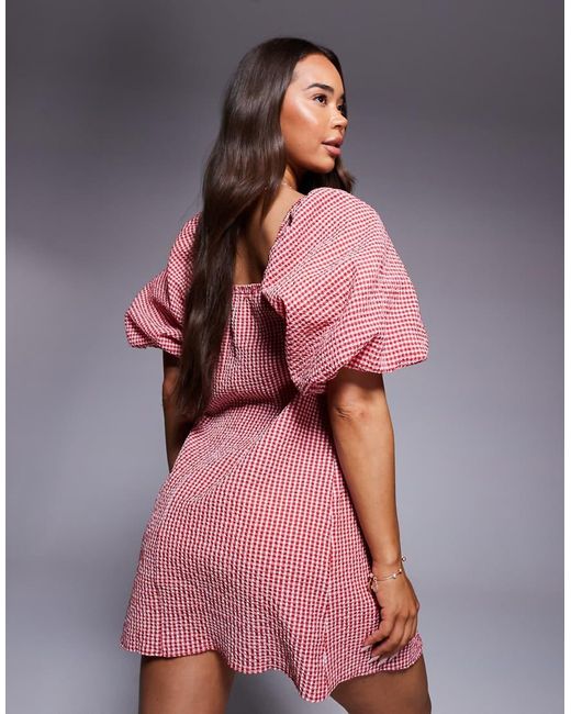 River Island Pink Gingham Puff Sleeve Mini Dress