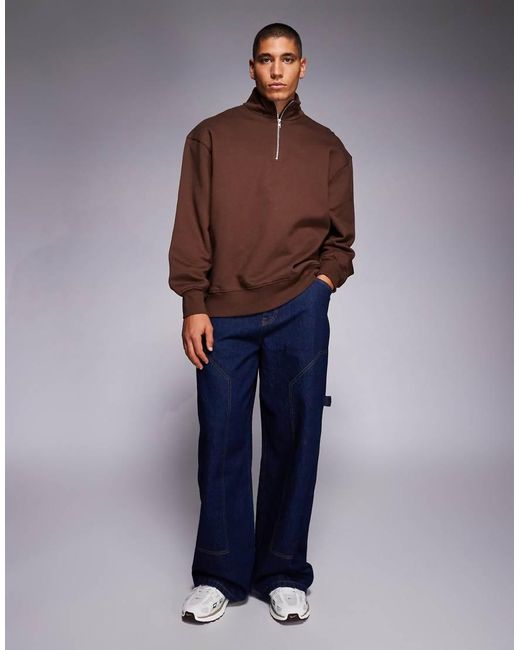 ASOS Brown Premium Heavyweight Oversized Quarter Zip Sweatshirt for men