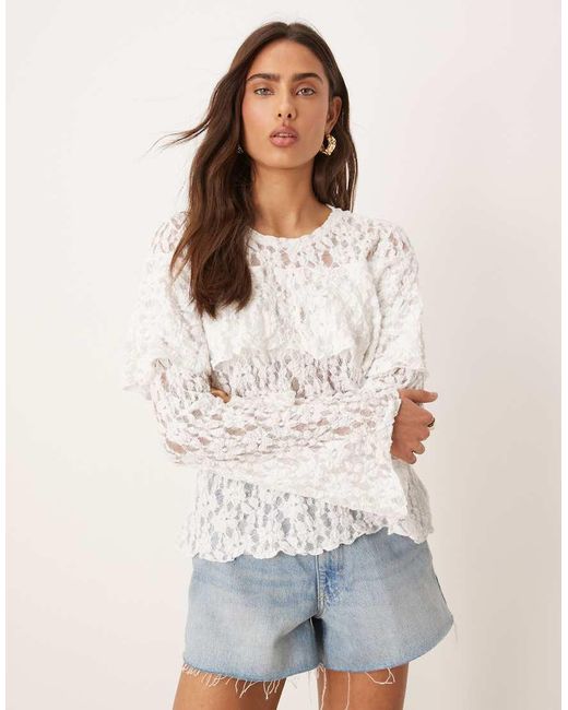 Gina Tricot White Jersey Scalloped Lace Long Sleeve Caped Top
