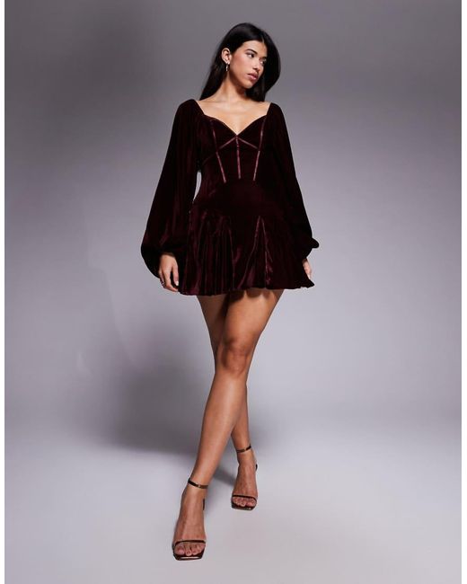 ASOS Purple Velvet Corset Detail Blouson Sleeve Mini Dress