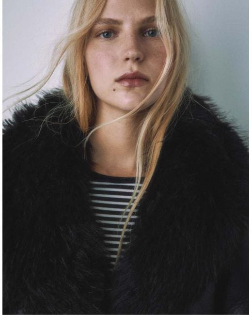 Stradivarius Black Long Coat With Faux Fur Detail