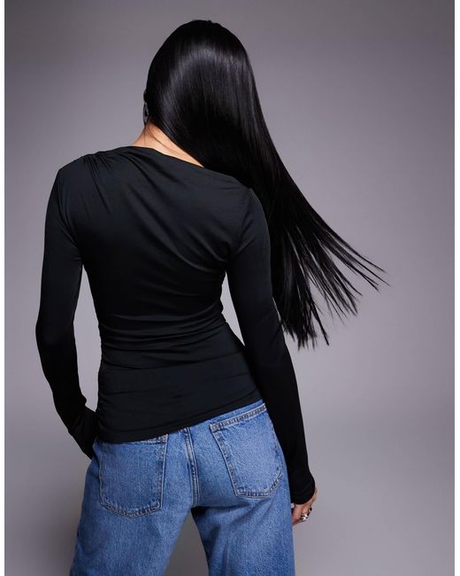 Threadbare Blue Slinky Slash Neck Long Sleeve Top