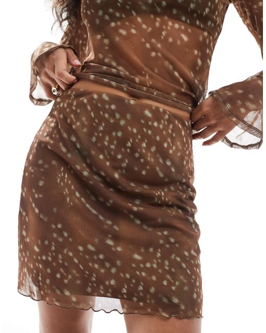 Pieces Brown Bambi Print Mesh Mini Skirt Co-ord