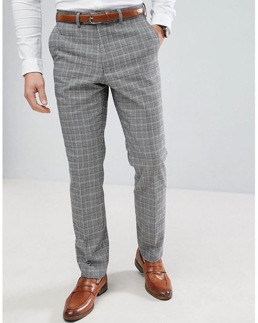 French Connection Gray Prince Of Wales Blue Check Slim Fit Suit Trousers for men