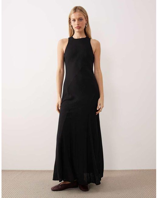 ASOS Black Linen Blend Racer Neck Maxi Sundress With Godets