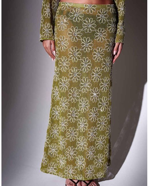 South Beach Green Crochet Floral Sequin Maxi Skirt