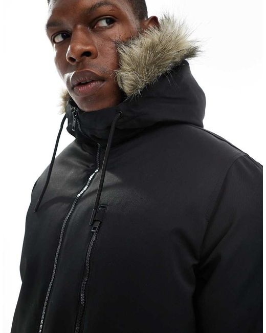 Jack & Jones Black Parka With Faux Fur Hood for men