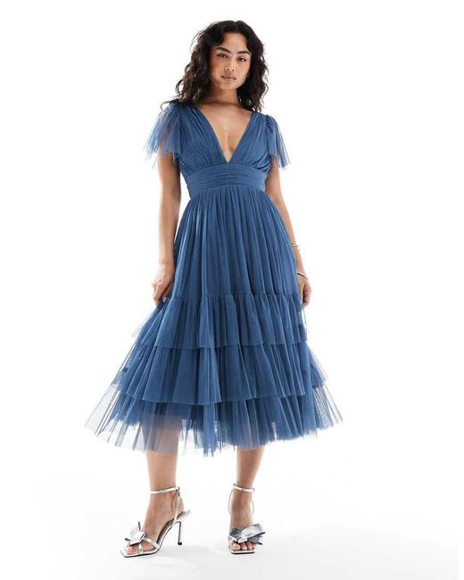 LACE & BEADS Blue Bridesmaid Midi Dress
