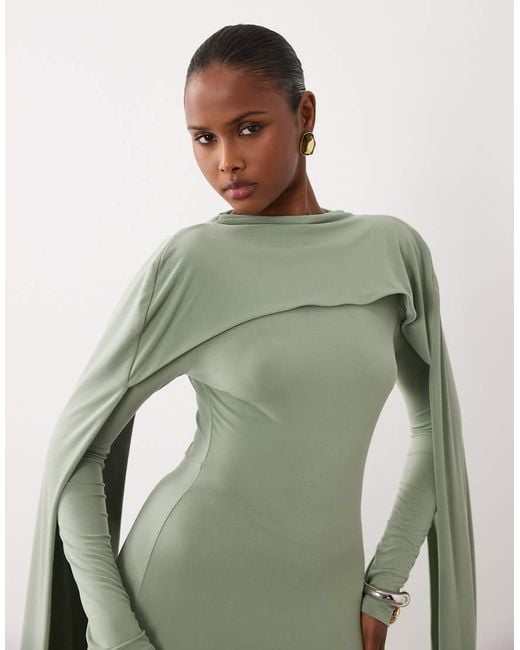ASOS Green Slinky Long Sleeve Maxi Dress With Extreme Cape Shoulder Detail
