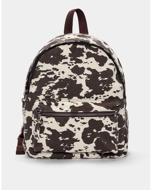 Pull&Bear Black – canvas-rucksack mit braunem kuhflecken-muster