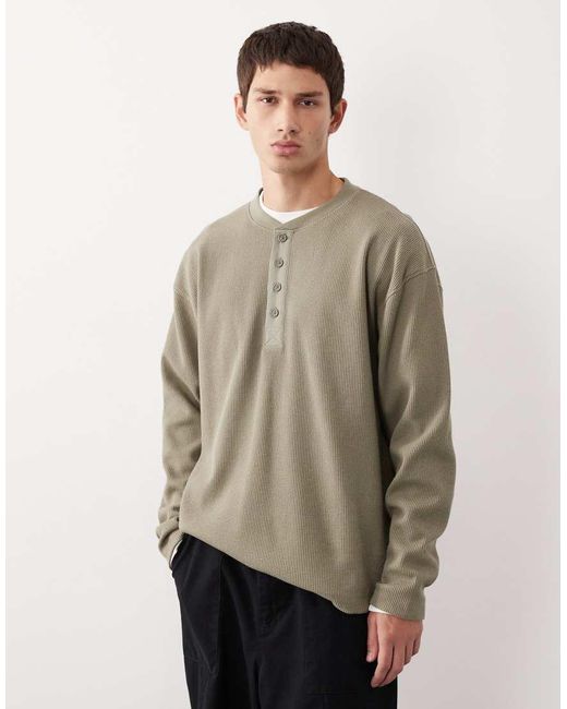 ASOS COLLECTIVE Natural Oversized Heavyweight Henley Waffle Long Sleeve T-shirt for men